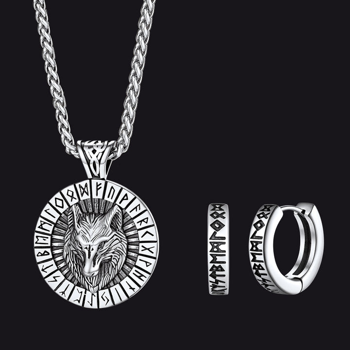 Norse Viking Rune Hoop Earrings & Wolf Medal Necklace Set For Men