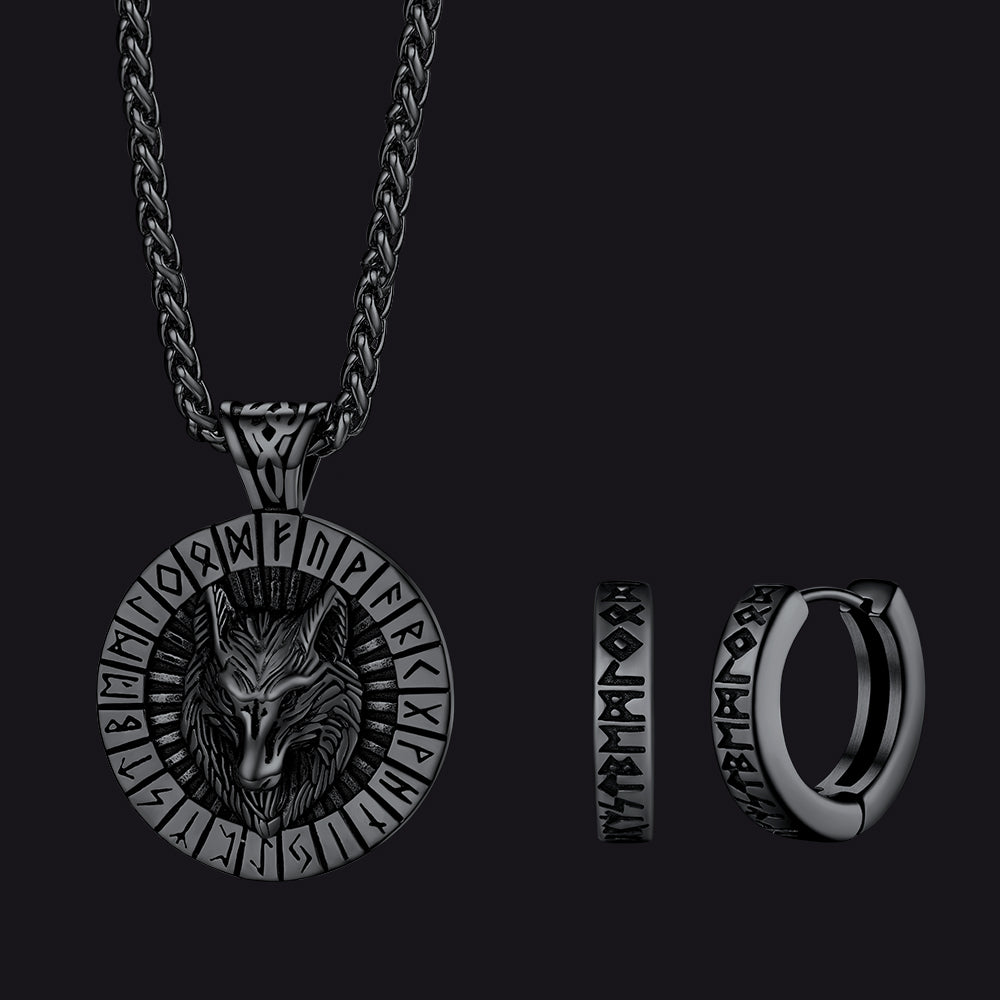 Norse Viking Rune Hoop Earrings & Wolf Medal Necklace Set For Men