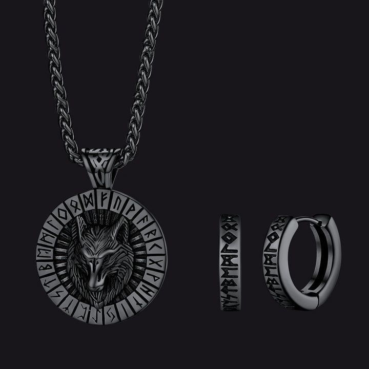 Norse Viking Rune Hoop Earrings & Wolf Medal Necklace Set For Men