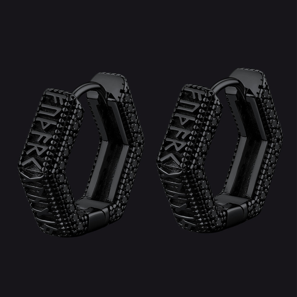Viking Runes Hexagon Huggie Hoop Earrings for Men