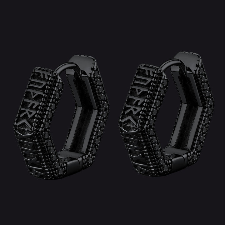 Viking Runes Hexagon Huggie Hoop Earrings for Men