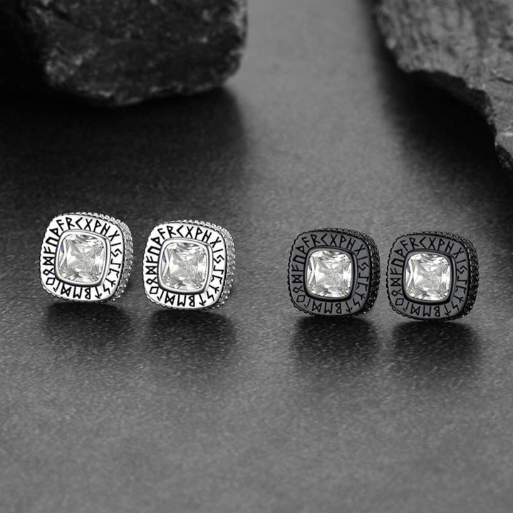 Cushion Cut Diamond Stud Earrings with Viking Runes in Sterling Silver
