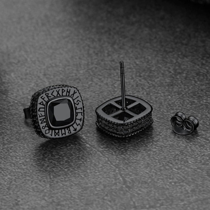 Cushion Cut Diamond Stud Earrings with Viking Runes in Sterling Silver