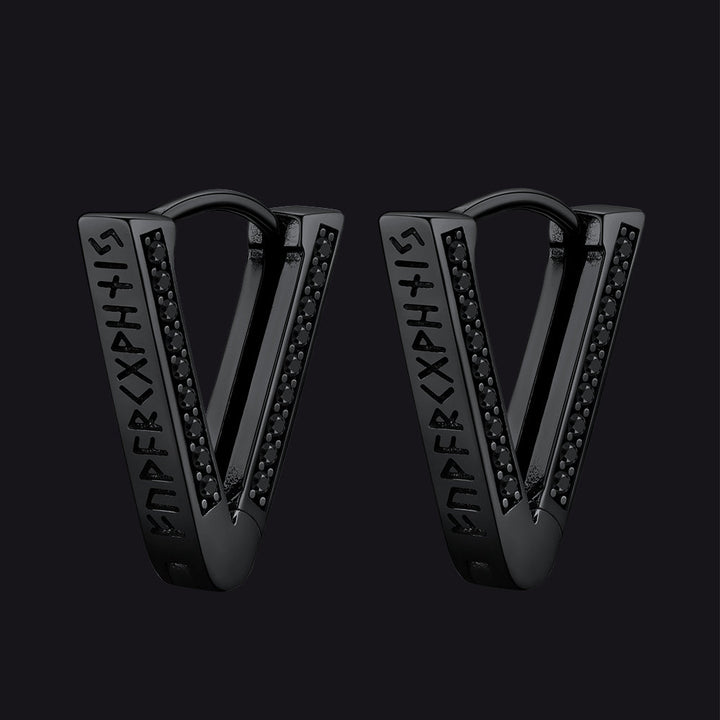 Sterling Silver Viking Triangle Huggie Hoop Earrings with Black Zirconia for Men