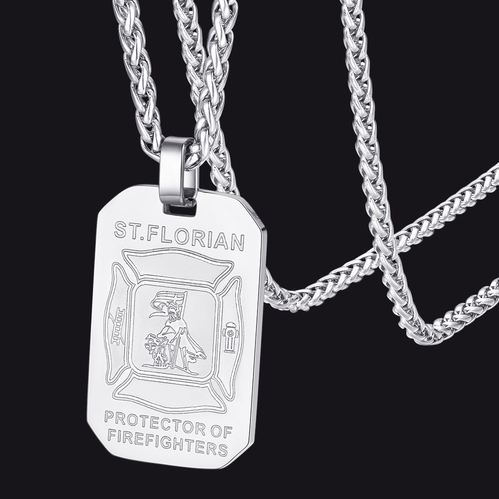 Engraved Saint Florian Firefighter Dog Tag Necklace for Firemen Men