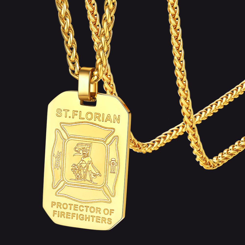 Engraved Saint Florian Firefighter Dog Tag Necklace for Firemen Men