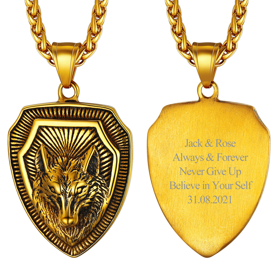 Engraved Viking Nordic Wolf Necklace Amulet Pendant for Men Women