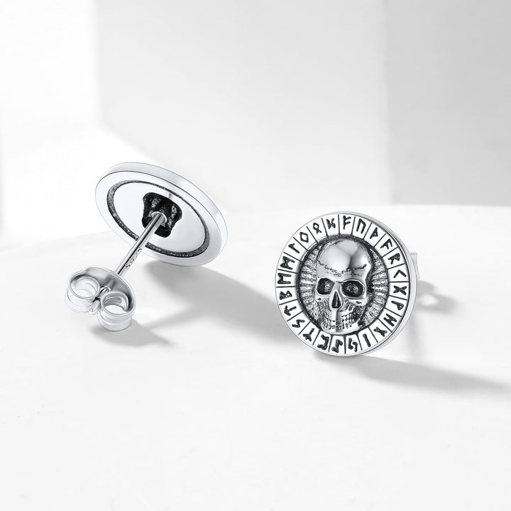 Sterling Silver Runes Skull Earrings Studs For Men