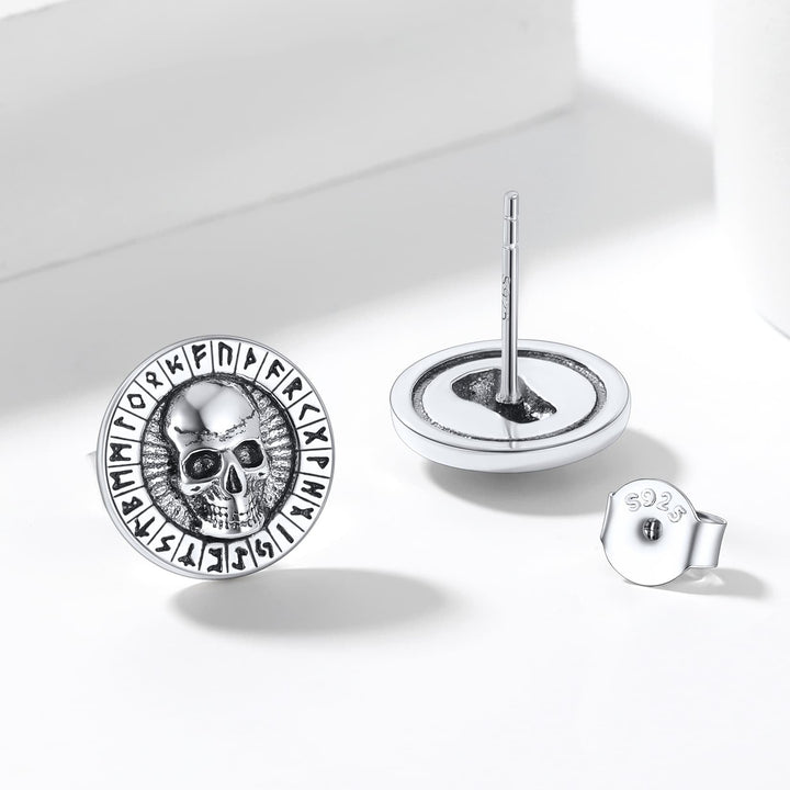 Sterling Silver Runes Skull Earrings Studs For Men