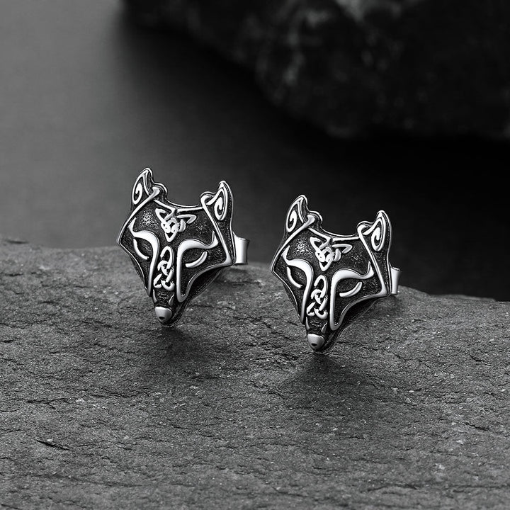 Sterling Silver Viking Celtic Wolf Stud Earrings For Men