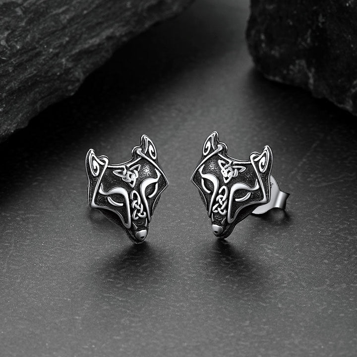 Sterling Silver Viking Celtic Wolf Stud Earrings For Men