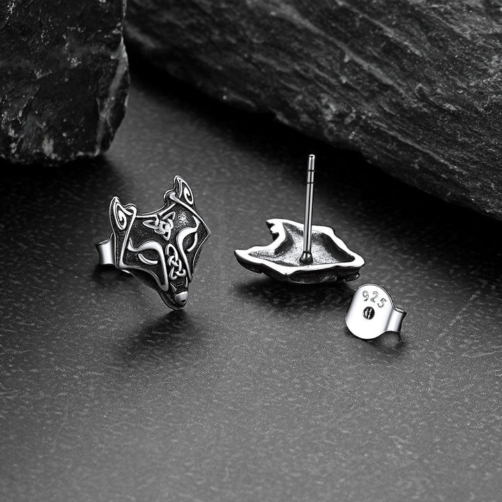 Sterling Silver Viking Celtic Wolf Stud Earrings For Men