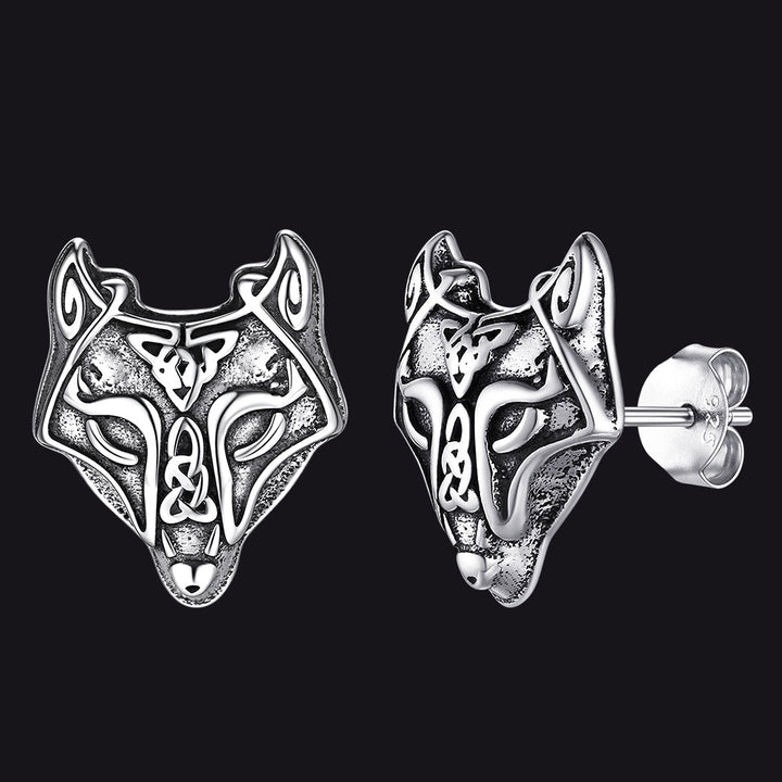 Sterling Silver Viking Celtic Wolf Stud Earrings For Men