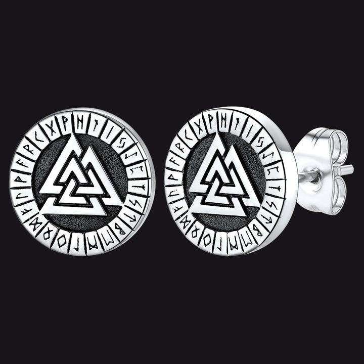 Viking Valknut Black Stud Earrings For Men With Runes