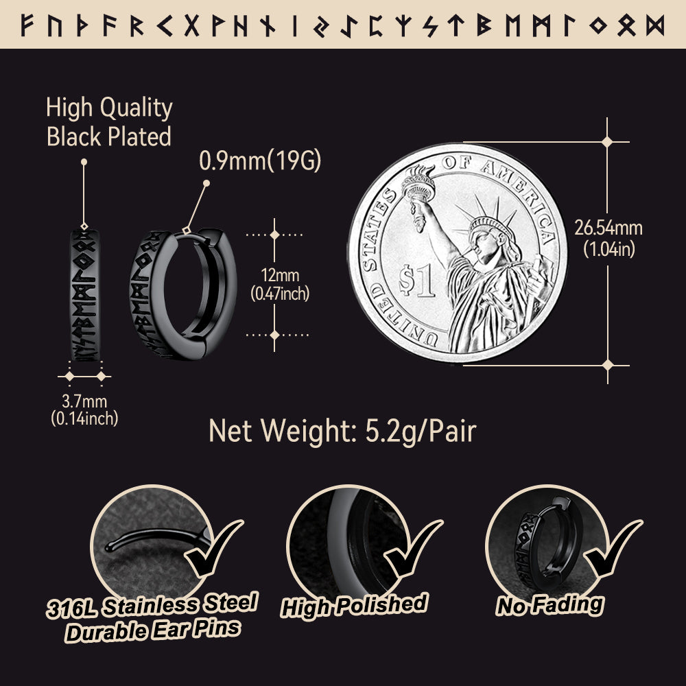 Norse Viking Rune Hoop Earrings & Wolf Medal Necklace Set For Men