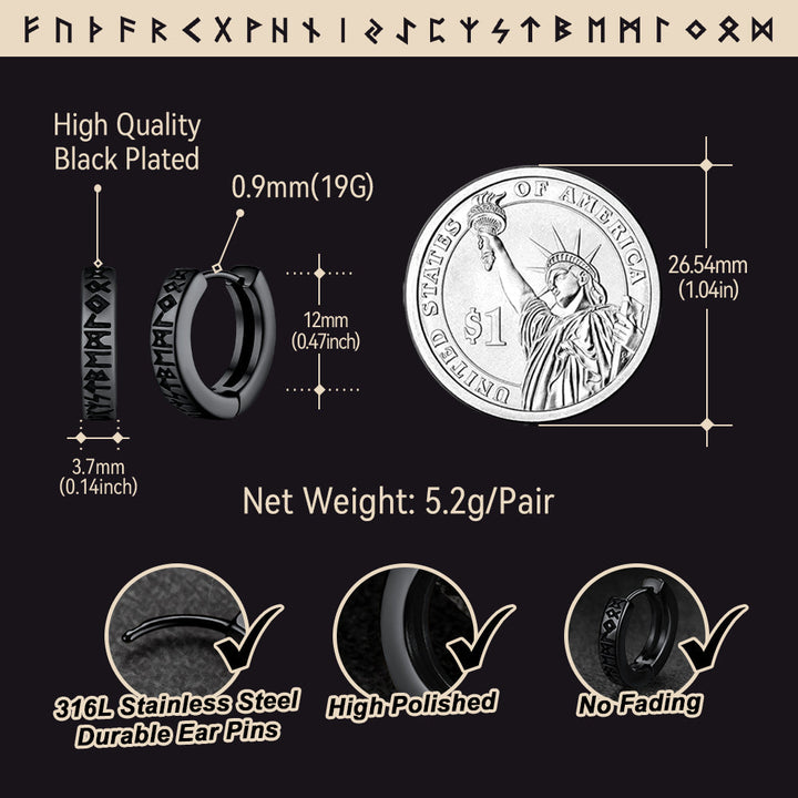 Norse Viking Rune Hoop Earrings & Circle Leather Necklace Set For Men