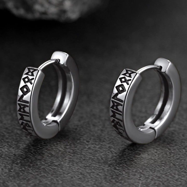Norse Viking Rune Hoop Earrings & Wolf Medal Necklace Set For Men