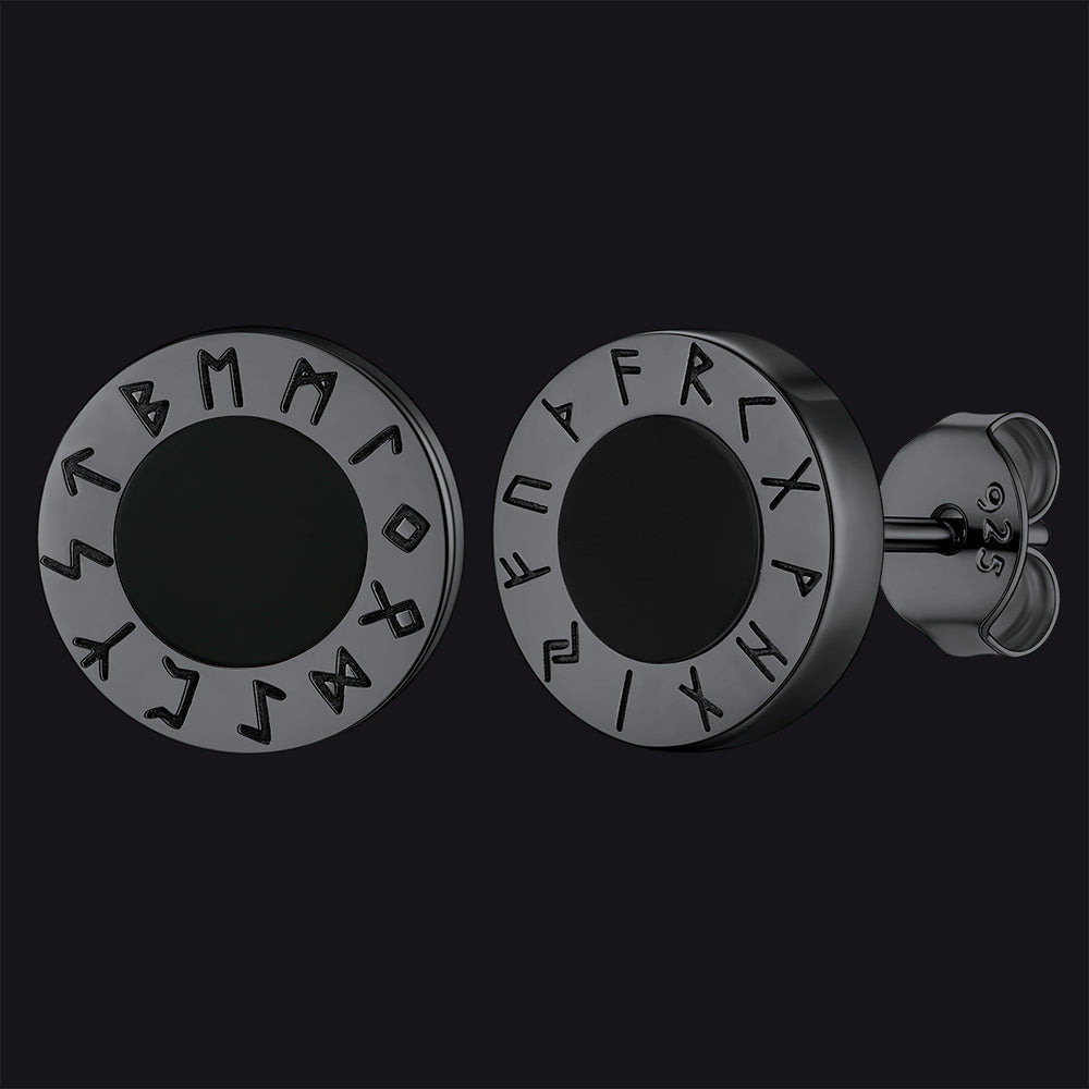 Sterling Silver Viking Runes Black Onyx Stud Earrings For Men