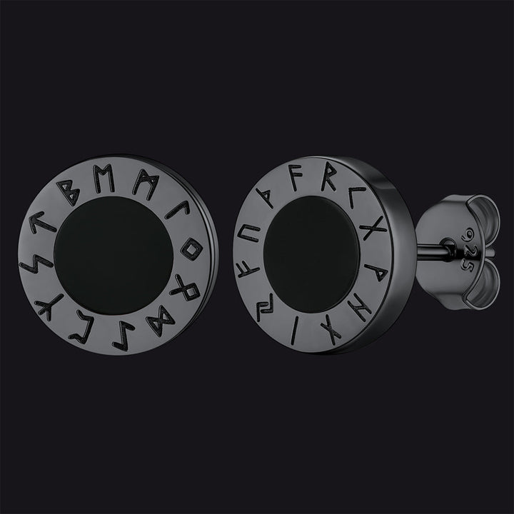Sterling Silver Viking Runes Black Onyx Stud Earrings For Men