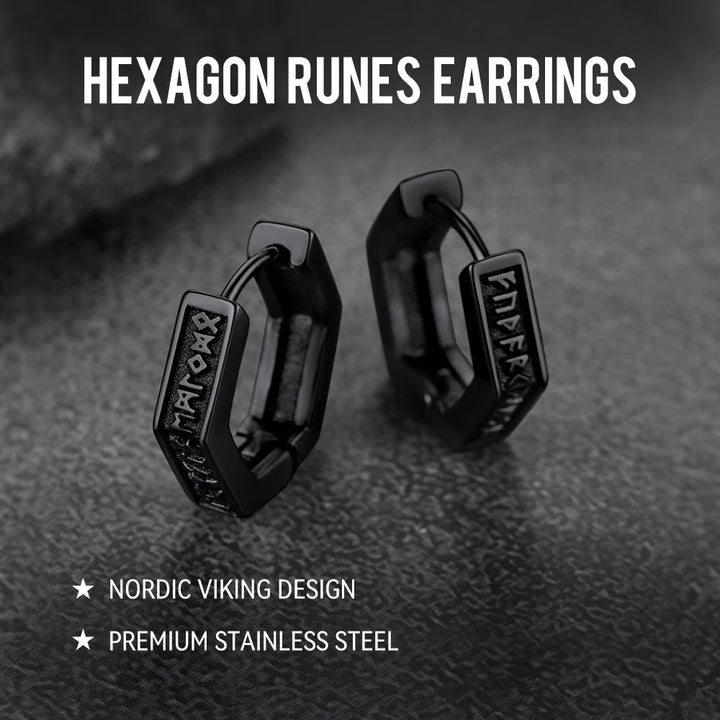 Viking Hexagon Runes Hoop Earrings For Men