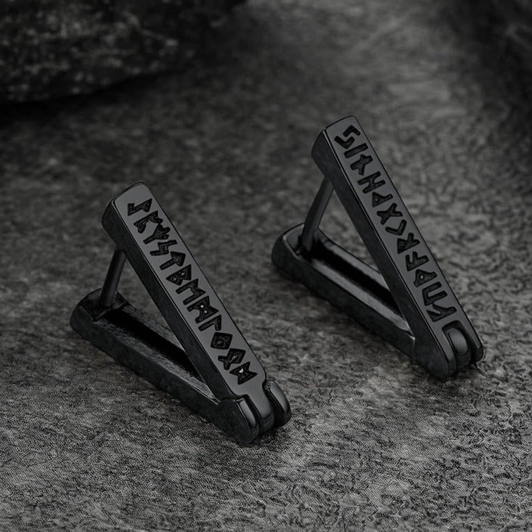 Triangle Huggie Hoop Earrings with Viking Runes For Men