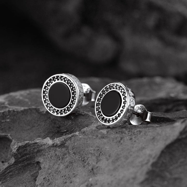 Viking Rune Black Onyx Stud Earrings in Sterling Silver for Men