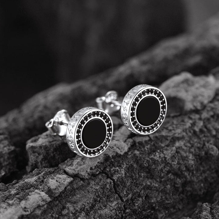 Viking Rune Black Onyx Stud Earrings in Sterling Silver for Men