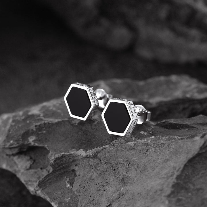 Hexagon Viking Rune Black Onyx Stud Earrings for Men