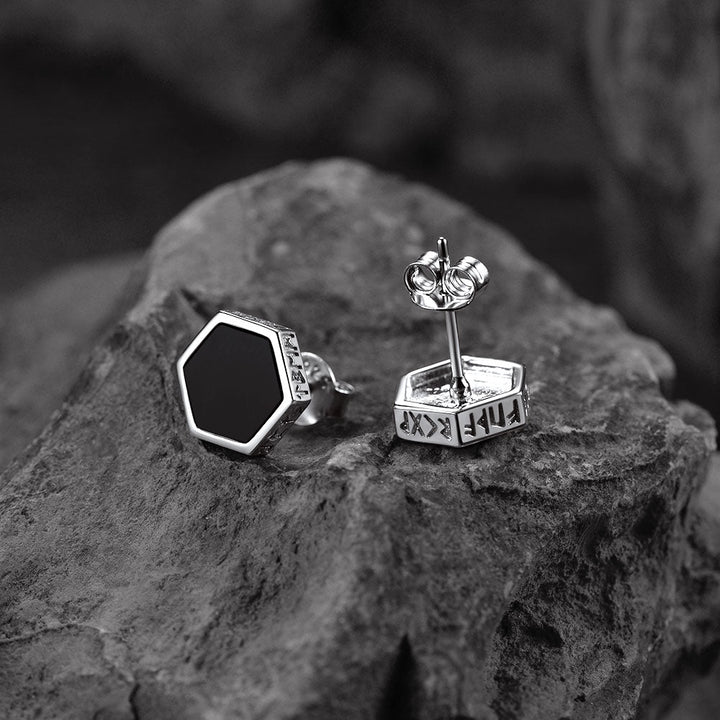 Hexagon Viking Rune Black Onyx Stud Earrings for Men