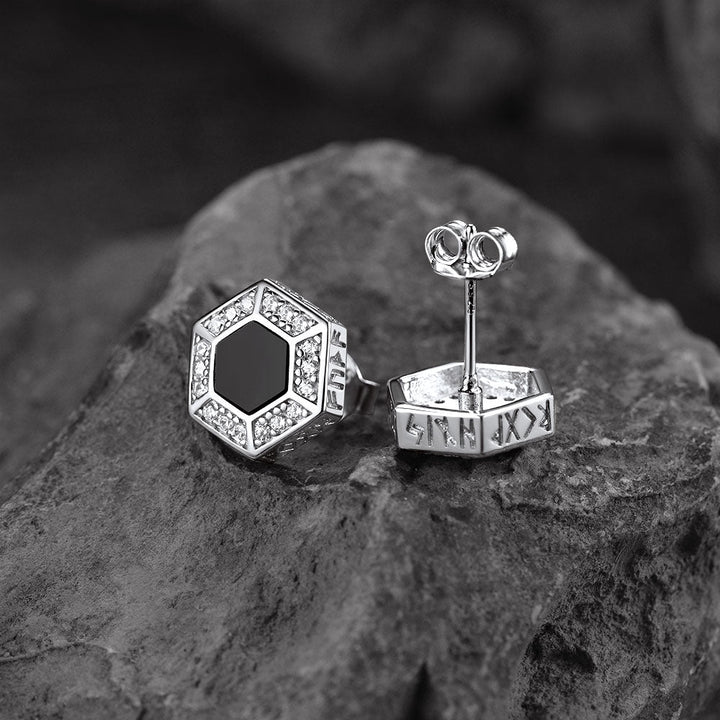 Viking Rune Hexagon Black Onyx Stud Earrings for Men