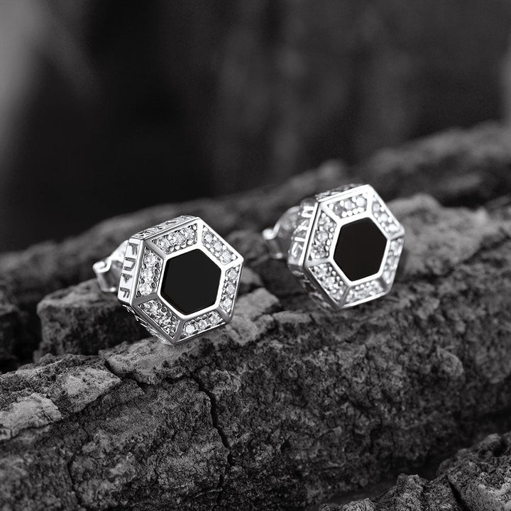 Viking Rune Hexagon Black Onyx Stud Earrings for Men