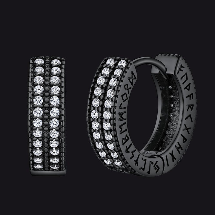 Sterling Silver Diamond Hoop Earrings with Viking Runes for Men