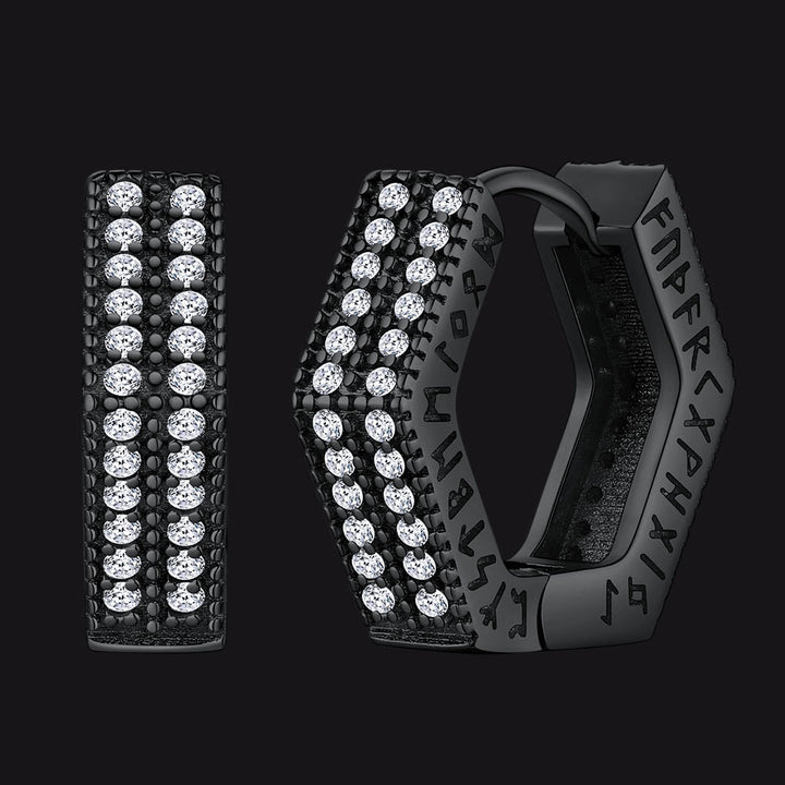 Hexagon Viking Diamond Hoop Earrings With Runes for Men