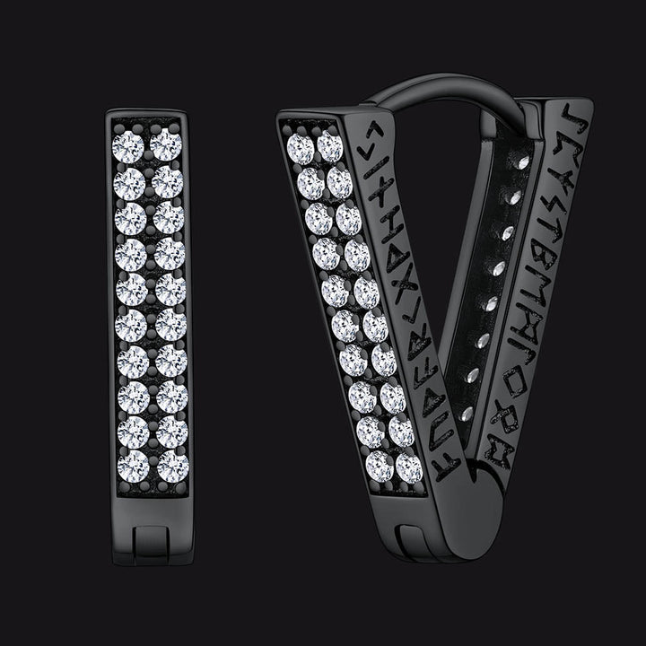 Cubic Zirconia Triangle Huggie Hoop Earrings With Viking Runes for Men