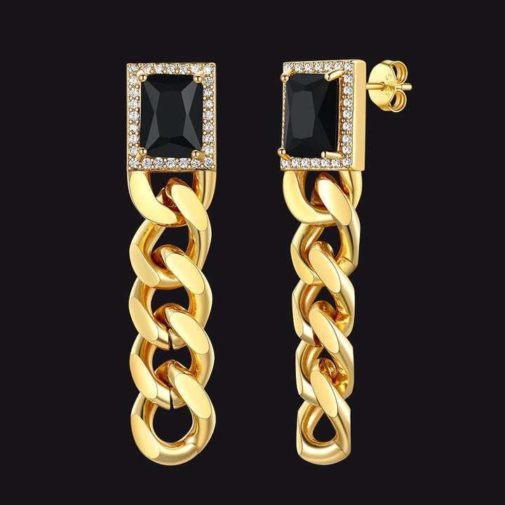 Black Cubic Zirconia Chain Drop Earrings with Gem for Men