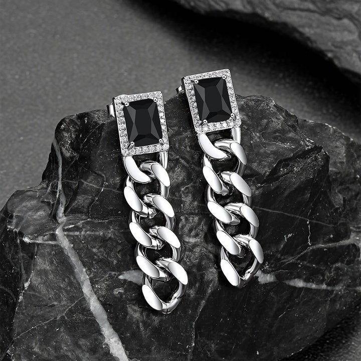 Black Cubic Zirconia Chain Drop Earrings with Gem for Men