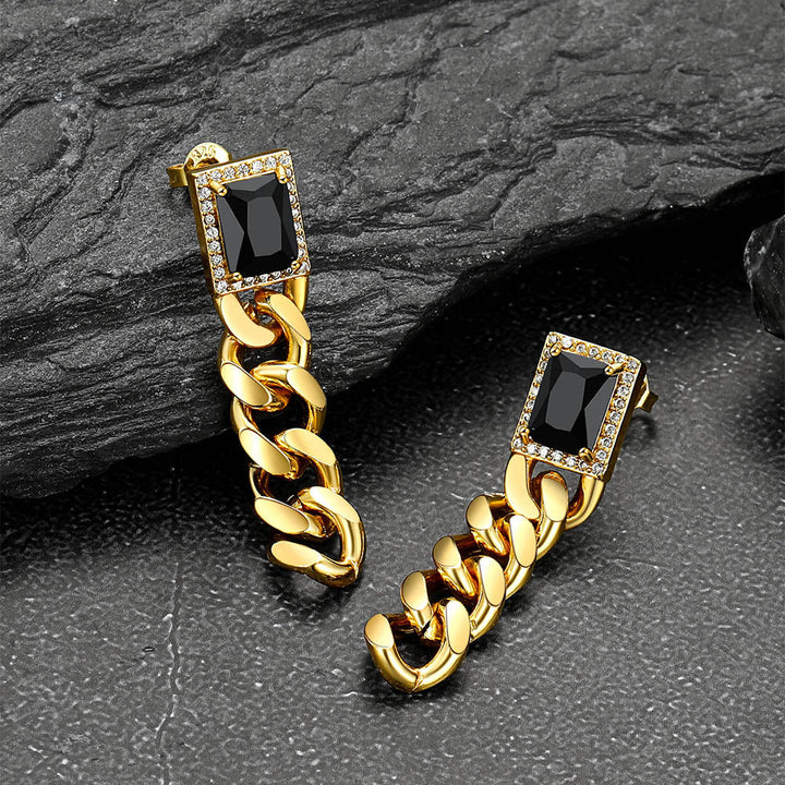 Black Cubic Zirconia Chain Drop Earrings with Gem for Men