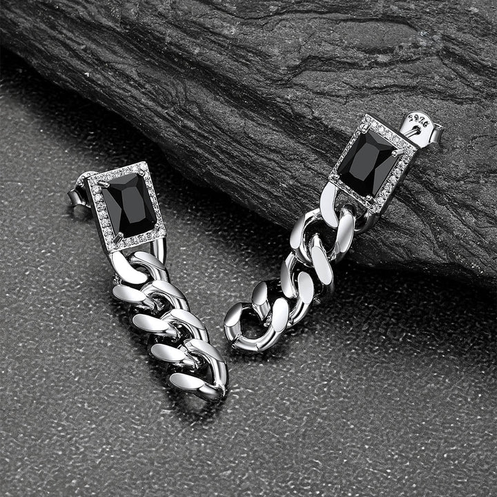 Black Cubic Zirconia Chain Drop Earrings with Gem for Men