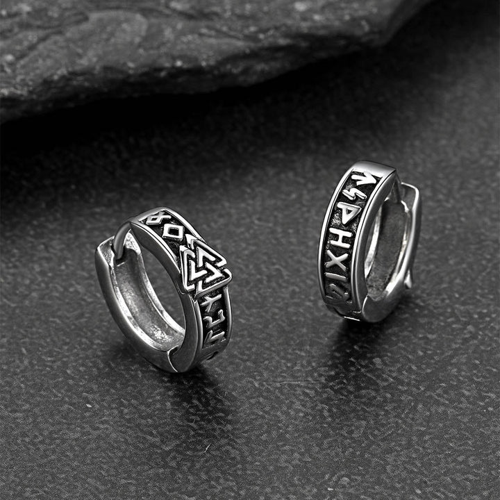 Viking Valknut Hoop Earrings with Rune for Men Stainless Steel
