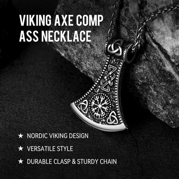 Battle Axe Viking Pendant Necklace with Compass For Men