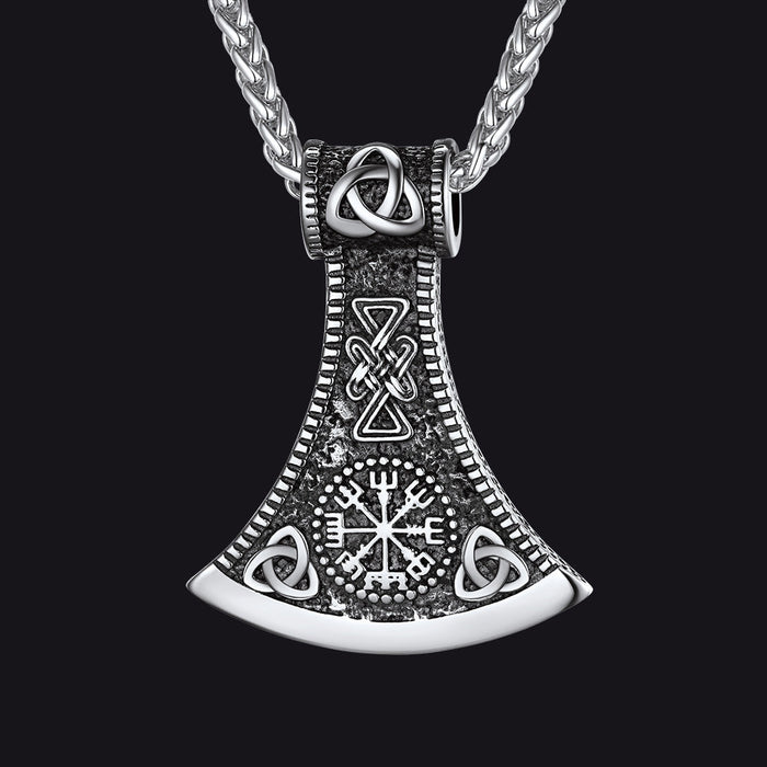 Battle Axe Viking Pendant Necklace with Compass For Men