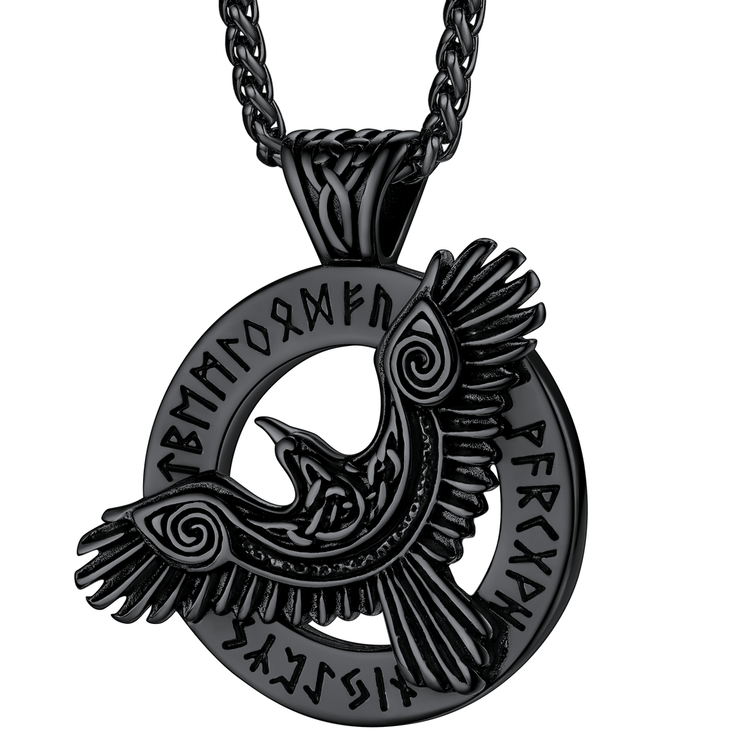 Viking Odin's Raven Necklace For Men With Runes