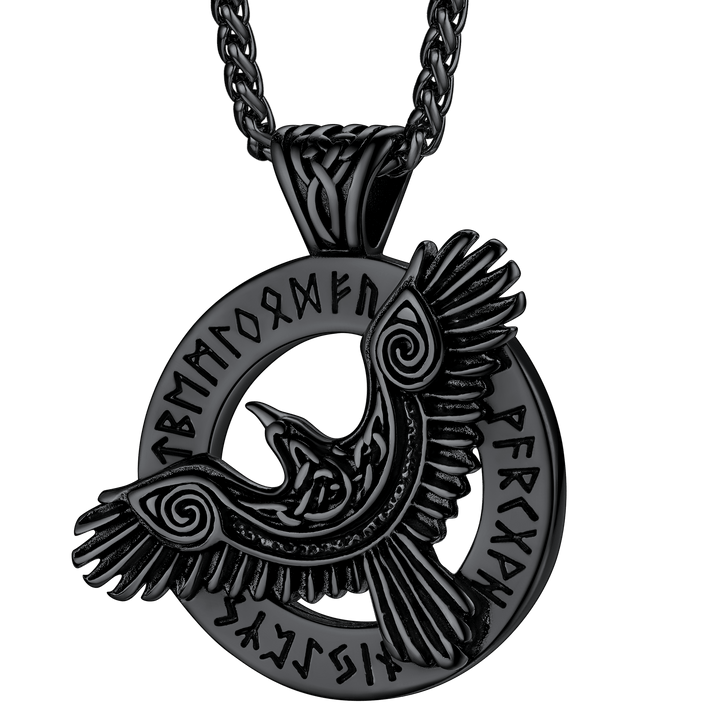 Viking Odin's Raven Necklace For Men With Runes