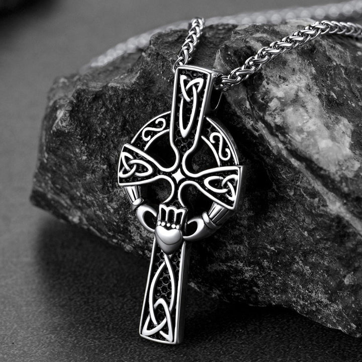 Irish Celtic Cross Necklace with Claddage For Men