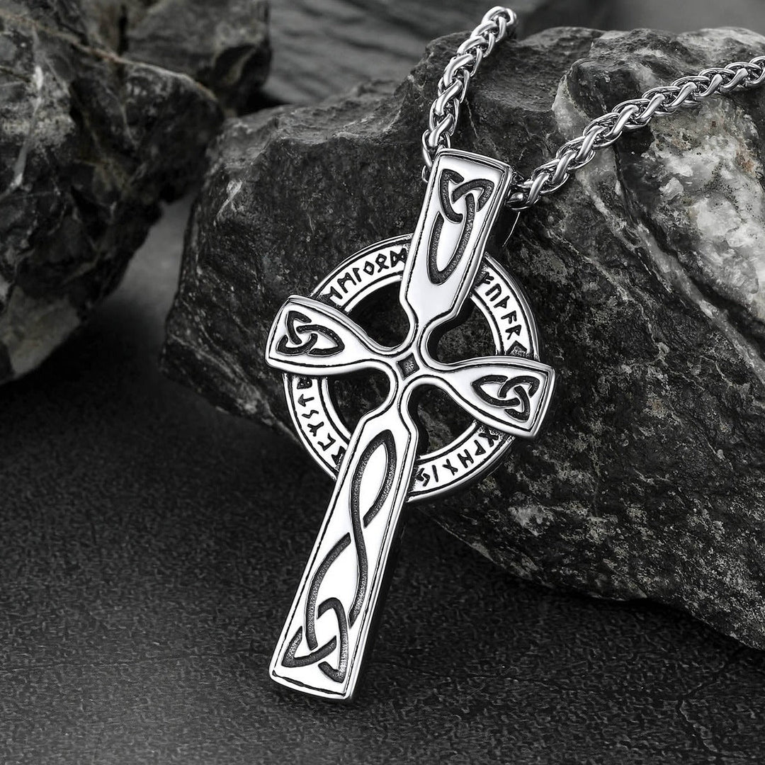 Irish Celtic Cross Pendant Necklace with Viking Runes for Men