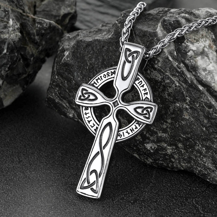 Irish Celtic Cross Pendant Necklace with Viking Runes for Men
