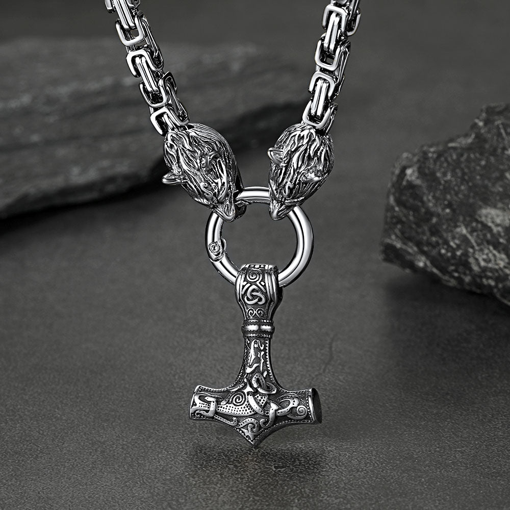 Viking Mjolnir Thor's Hammer Necklace with Wolf Head Kings Chain