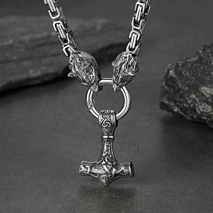 Viking Mjolnir Thor's Hammer Necklace with Wolf Head Kings Chain