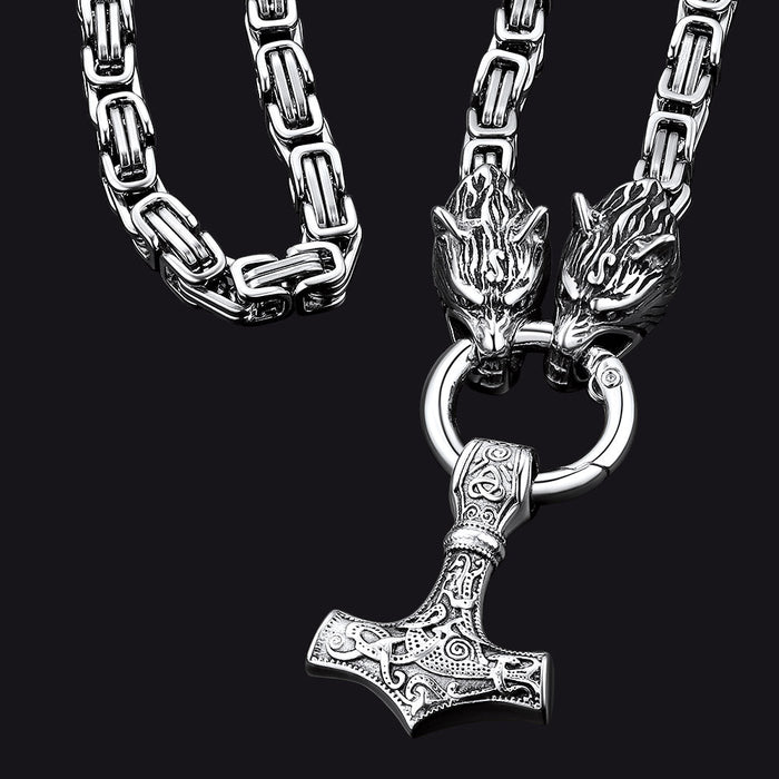 Viking Mjolnir Thor's Hammer Necklace with Wolf Head Kings Chain