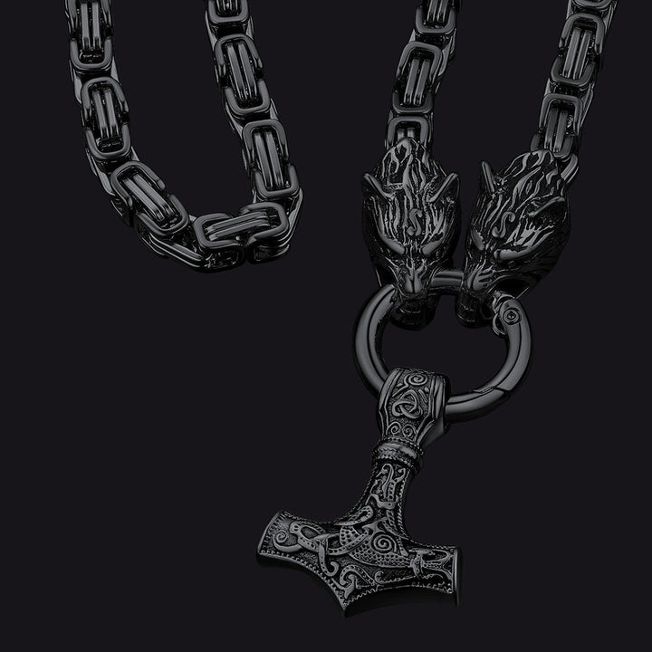 Viking Mjolnir Thor's Hammer Necklace with Wolf Head Kings Chain